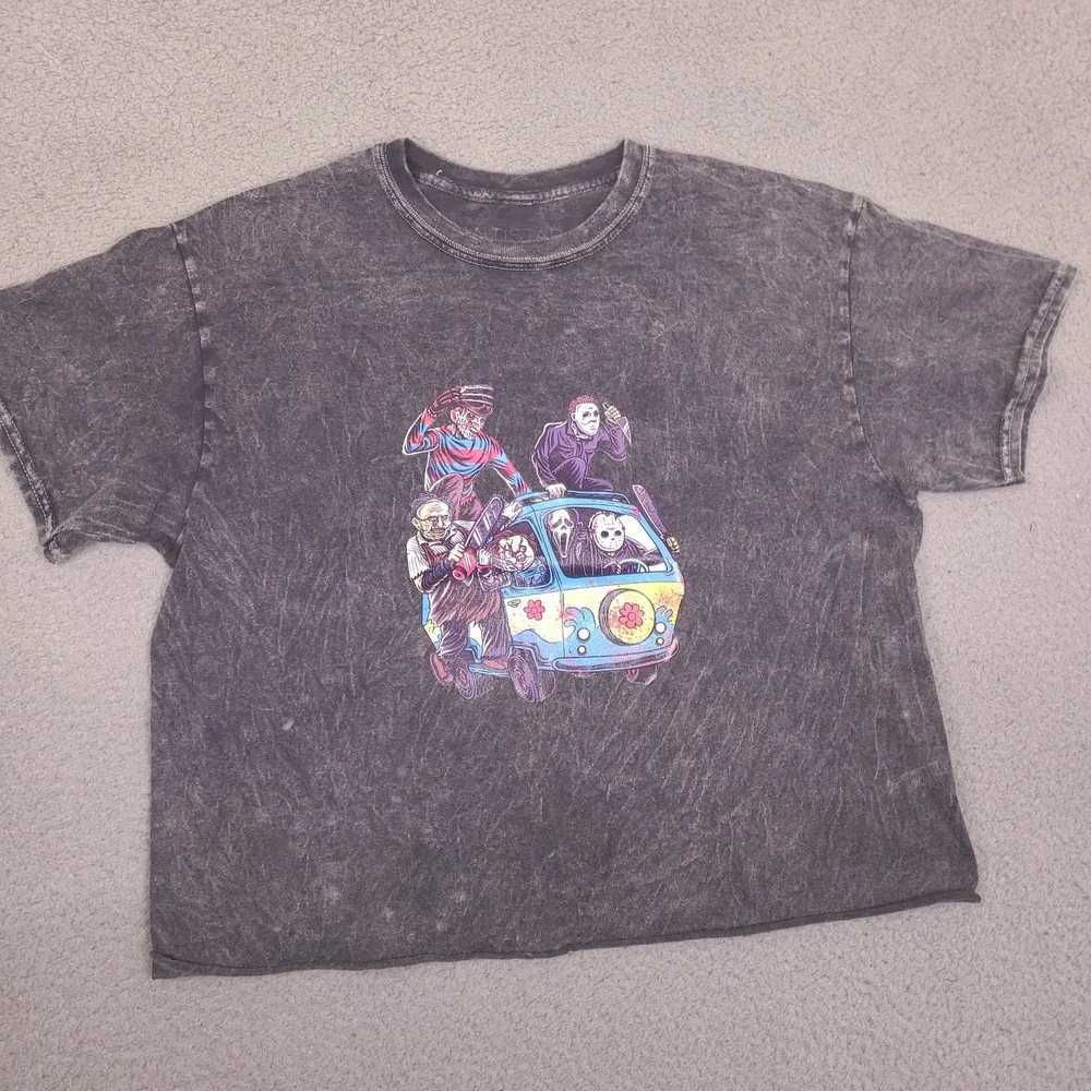 Horror Slasher‎ Scooby Van Graphic T-Shirt Womens Medium Gray Cropped Acid Wash